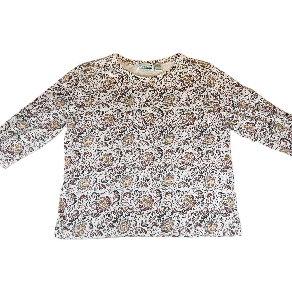 Shenanigans Shirt Woman's XL Floral Crew Neck 3/4 Sleeves Browns & White Fall